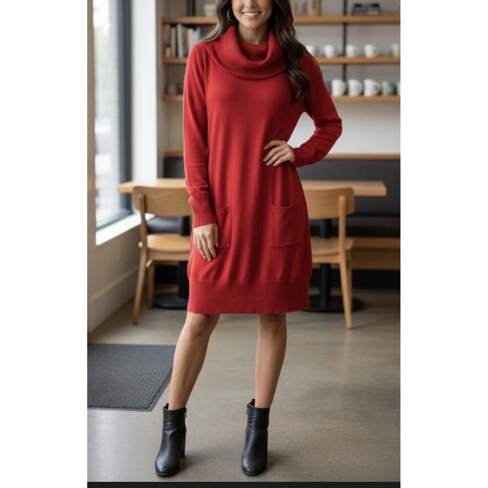 Lennie for Nina Leonard Red Cowl Neck Sweater Dress Women L Cotton Blend Pockets